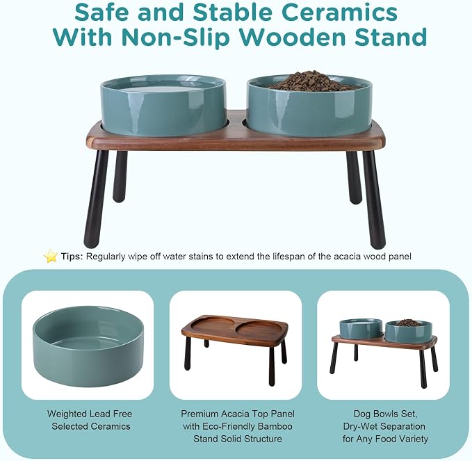 SPUNKYJUNKY Ceramic Elevated Dog Bowls Raised with Acacia Bamboo Wooden Stand, 8.3'' Dog Food Water Bowls Set Non-Slip for Medium Large Sized Breed Microwave Dishwasher Safe - 60 OZ,Dark Green - Image 5