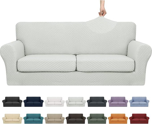 YEMYHOM Latest Checkered 3 Pieces Couch Covers for 2 Cushion Couch High Stretch Sofa Cover with 2 Extra Large Seat Cushion Covers Anti Slip Elastic Slipcovers (Ivory), 71"-91"(2 Cushions) by YEMYHOM