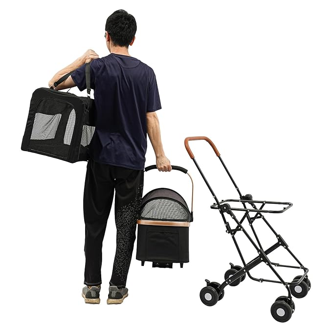 Double Dog Stroller with 4 Wheels, Foldable 3-in-1 Cat Pet Stroller with 2 Detachable Carriers,Reversible Handle, Steel Frame, Safety Belt for Small Medium Dogs Cats(Black)