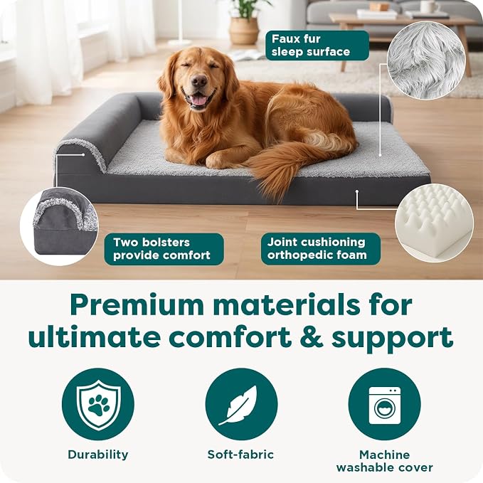Furhaven Orthopedic Dog Bed for Large Dogs w/ Removable Bolsters & Washable Cover, For Dogs Up to 95 lbs - Two-Tone Plush Faux Fur & Suede L Shaped Chaise - Stone Gray, Jumbo/XL - Image 5