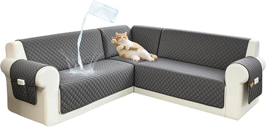 Sectional Couch Covers for Dogs 100% Waterproof Corner L Shaped Sofa Cover Pet Friendly Velvet Washable Anti Slip L Shape Modular Sofa Slipcover Protector with Pockets (Gray, XX-Large) by SYJOVIA