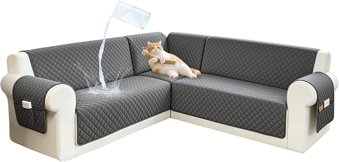 Sectional Couch Covers for Dogs 100% Waterproof Corner L Shaped Sofa Cover Pet Friendly Velvet Washable Anti Slip L Shape Modular Sofa Slipcover Protector with Pockets (Gray, Large) by SYJOVIA