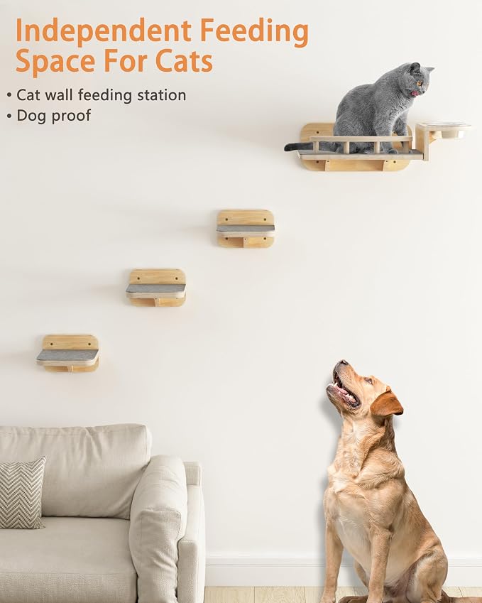 Meidok Cat Wall Furniture,Cat Wall Shelves,Dog Proof Cat Feeding Station with 3 Wide Wall Steps and 2pices 304 Stainless Steel Bowl Cat Feeding Shelf for Cats up to 25 Lbs - Wood Color - Image 3