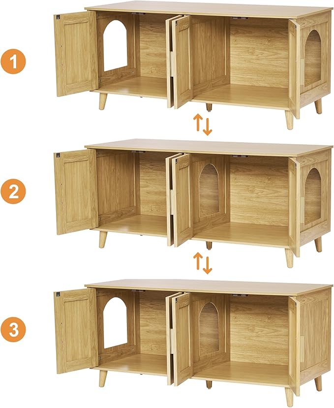 Homhedy Boho Cat Litter Box Enclosure for 2 Cats, Natural | Hidden Litter Box Furniture with Double Rattan Decorated Doors, Cat Washroom, Cat House, Dog-Proof, TV Stand - Image 7