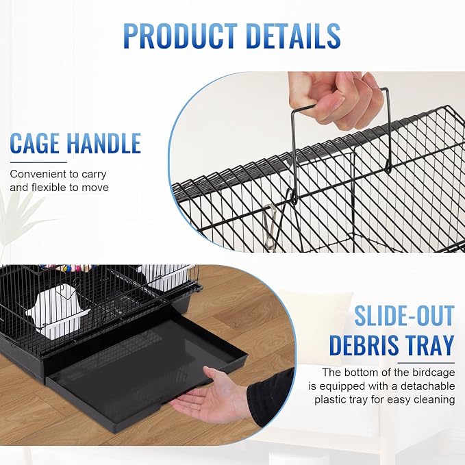FDW 39 Inch Bird Cage Parakeet Cage with Play Top Rolling Stand & Easy Clean Pull-Out Tray Roof Top Parrot Cage for for Finches Canaries Parakeets Cockatiels & Other Small Birds, Black - Image 4