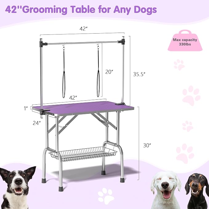 Lyromix 42'' Stainless Steel Pet Dog Grooming Table, Arm/Noose/Tray, Purple | Foldable Dog Grooming Table for Dogs at Home, Adjustable Height Arm, Non-Slip Waterproof Tabletop, Capacity 330Lb - Image 2