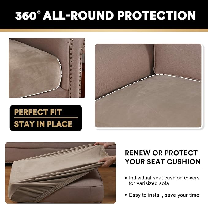 PrinceDeco Velvet Sofa Cushion Covers, Stretch Couch Cushion Covers for Individual Seat Couch Slipcover Sets Furniture Protector for Loveseat Sofa Cushion Width Up to 29.5", Taupe - Image 7