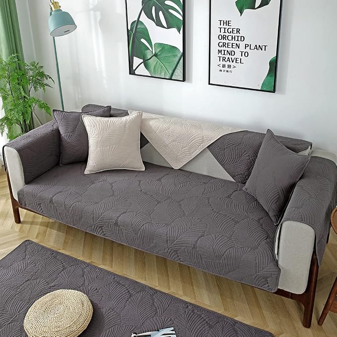 Solid Color Leaf Cotton Quilted Sofa Covers Anti-Slip Soft Sectional Couch Cover Washable Sofa Slipcover for Dogs Cats Pet (Dark Grey,36''x70'') - Image 3