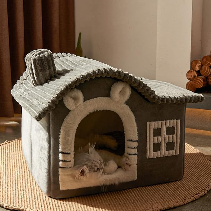 Jiupety Bear Cat Houses for Indoor Cats, Chimney Cute Cat Bed Cave, Enough Interior Space, Cartoon Soft Pet House Up to 3-7 lbs Kitten, Gray - Image 6