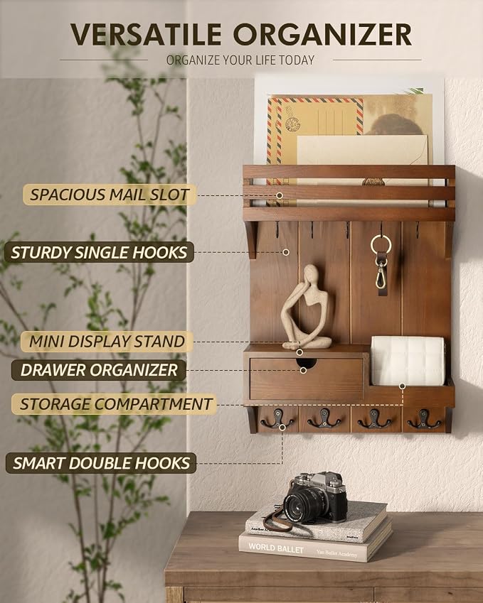 Rebee Vision Key Holder Wall Mount with Drawer Organizer for Entryway,Brown | Key Holder for Wall , 9 Sturdy Key Hooks, Floating Shelf, Plant Display, Drawer Organizer, Mail Sorter, Home Decor Storage - Image 4