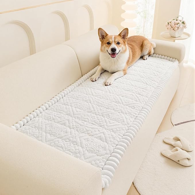 Vaukki White Pet Couch Cover for Dog, 27.6''x82.7'' Sofa Cover Protector | Washable Soft Non Slip Sofa Slipcover for 3 Cushion Couch, Fuzzy Sofa Pad Pet Friendly Dog Bed Mat for Couches by Vaukki