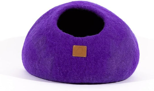 Best Aesthetic Cat Bed - Premium Felted Wool Cat Cave Bed - Cozy Peekaboo Round Cave for Large or Small Cats (Small, Plum Purple) by FuzzyCove
