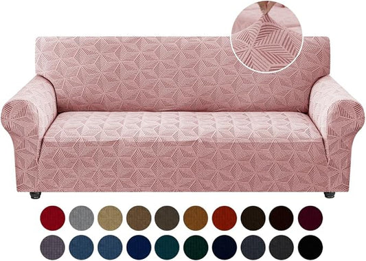 YEMYHOM 1 Piece Stretch Couch Covers for 3 Cushion Couch, Jacquard Sofa Cover with Non-Slip Elastic Bottom, Thickened Slipcover Furniture Protector for Dogs Pets (Large, Pink） by YEMYHOM