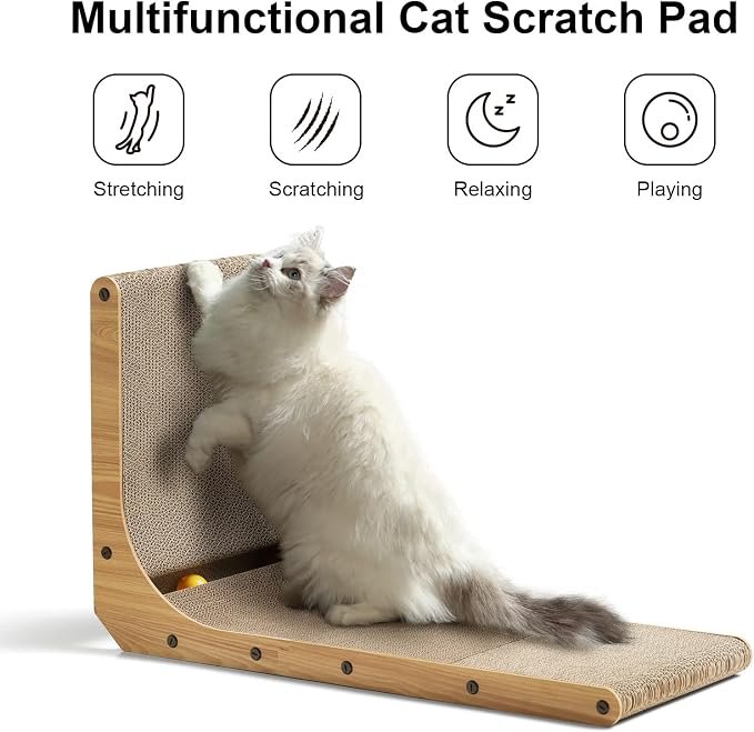 FUKUMARU Cat Scratcher, 26.8 Inch L Shaped Cat Scratch Pad for Indoor Cats | Vertical Cat Scratching Board with Ball Cat Toy, Cardboard Cat Scratcher for Wall Sofa Couch, Kitten Scratching Post, Large - Image 2
