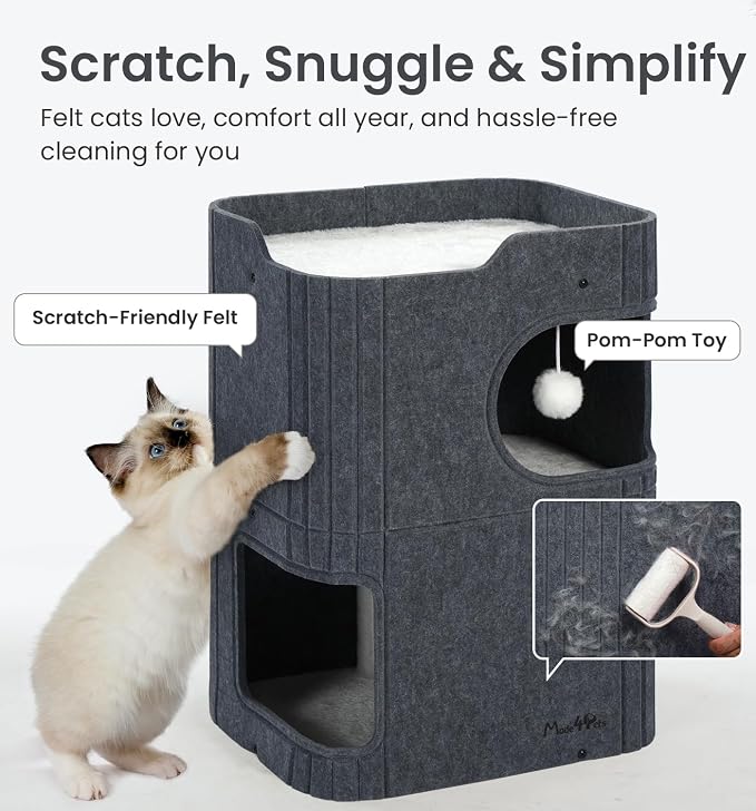Made4Pets Cat House for Indoor Use, 2-Storey Cube Bed Cave, Covered Hideaway Condo with Scratch-Resistant Felt, Foldable Easy-to-Clean Design for Multi-Cat Homes, Dark Grey - Image 3