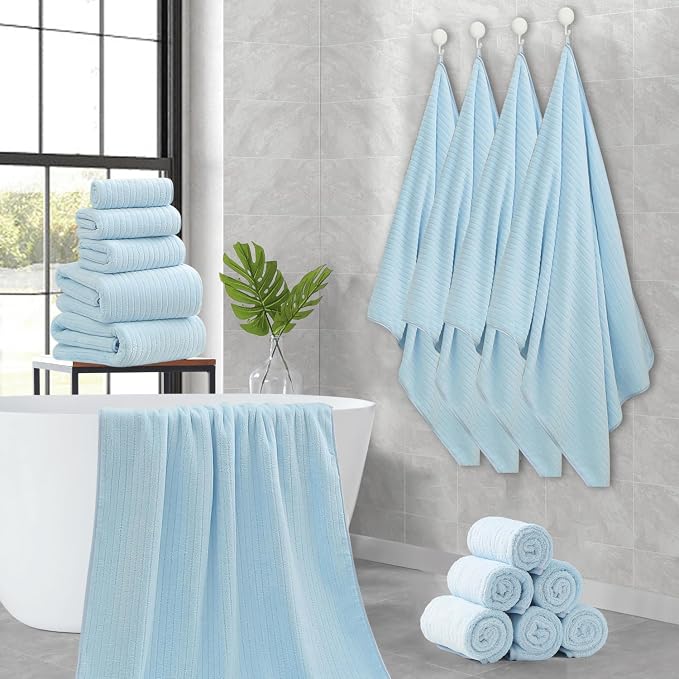 Hailea 18 Piece Family Bath Towel Set Include 6 Bath Towels,6 Hand Towels and 6 Washcloths Soft Bathroom Towel with Hanging Loops,Highly Absorbent Quick Dry Towels Set for Bathroom,Hotel and Spa-Blue - Image 8