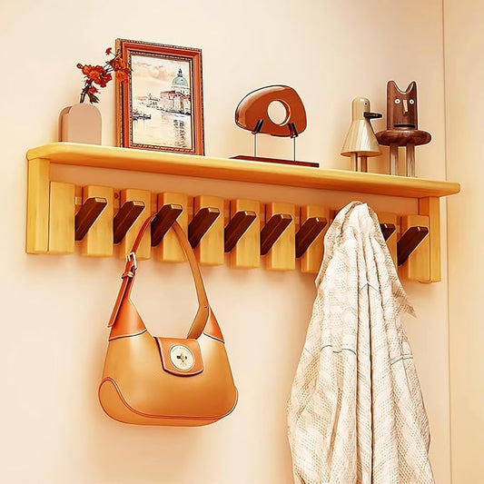 Wall Mounted Coat RackHooks Piano Key Hangers Natural Solid Wood Hanger Non-Woven Fabric Clothes Hangers for Closet, Kitchen, Bedroom, Bathroom, Entryway (Tray Walnut-Beech, 10 Hooks) by MurphyBedKitMattresFrame