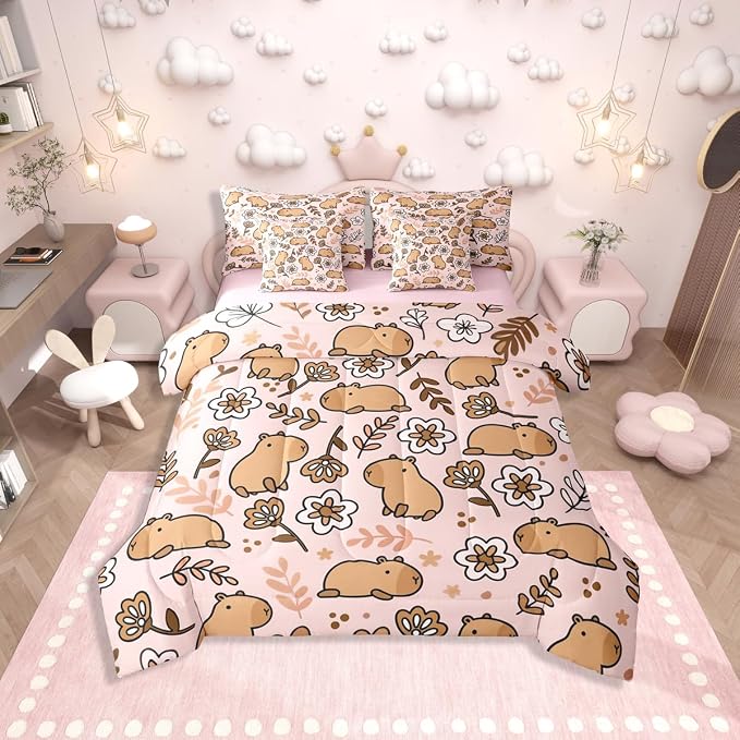 Erosebridal 7 Pieces Cartoon Capybara Bed in A Bag Twin Size for Home, Cute Animals Comforter Set with Sheets for Kids Boys Girls Women Men, Branches Bedding Set, Florals Bedding Comforter Sets, Pink by Erosebridal