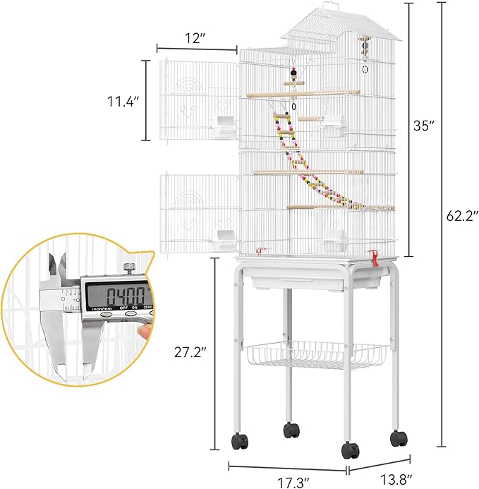 DWVO 62-inch Metal Bird Cage for Cockatiels, Parrots, Pigeons | Bird Cage for Cockatiels, Parrots, Pigeons, Lovebirds, Features Roof Access and Rolling Stand, White - Image 2