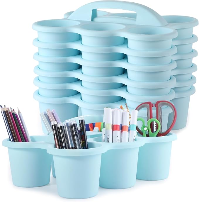 6 Pack Classroom Caddy with Handle Plastic Storage Caddy Organizer with 6 Compartments Drink Cup Caddies Holder Portable Storage Bin for Pencil, Crayon, Marker, Home Office School Supplies(Light Blue) by gisgfim