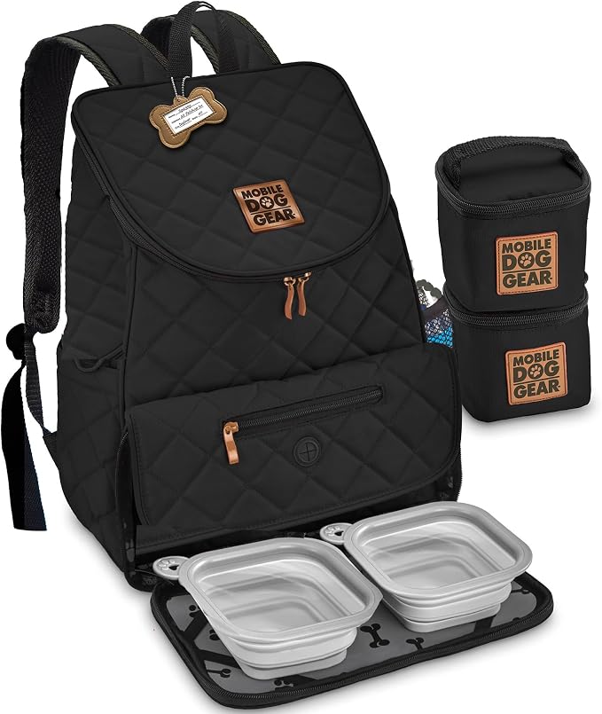 Mobile Dog Gear: Weekender Backpack - Black - Quilted Pet Travel Bag Holds Dog Accessories, Food Carriers, Silicone Bowls, Built-In Feeding Placemat by MobileDogGear