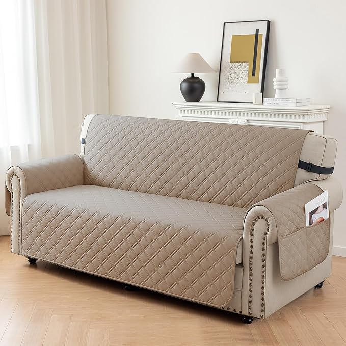 Waterproof Couch Cover for Pets Large, Sofa Covers for 3 Cushion Couch Washable, Non Slip Couch Covers for Dogs with Side Pockets, Quilted Couch Covers (Oversized Sofa, Light Brown) - Image 2