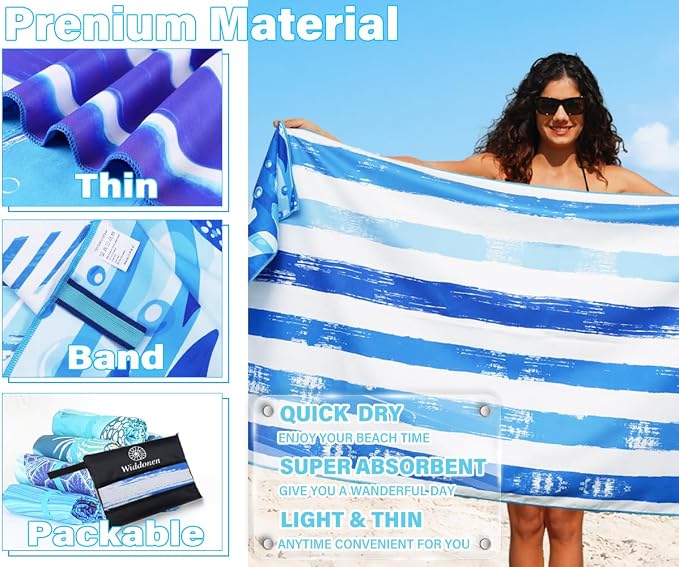 Widdonen Microfiber Beach Towel,Compact 2 Pack-71x32 Inch with Bag Travel | Extra Large,Lightweight,Thin,Sand Free,Quick Dry,Absorbent.Packable for Camping,Swim,Pool,Bath,Picnic,Cruise Essentials Gift - Image 4