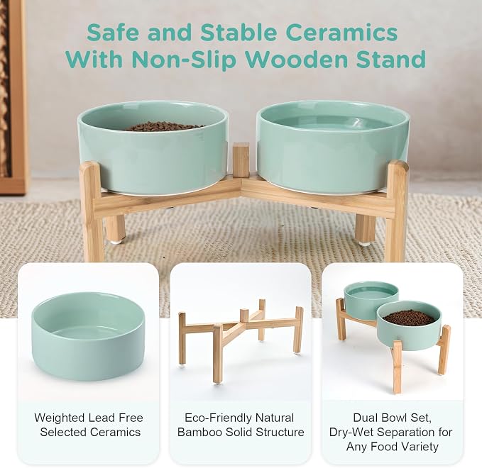 SPUNKYJUNKY Elevated Dog Bowls Ceramic, 7.3'' Dogs Food Water Bowls Raised with Non-Slip Bamboo Stand for Medium to Large Sized Breed Microwave Dishwasher Safe - 42 OZ,Light Green - Image 6