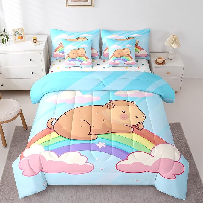 Erosebridal Kids Cute Capybara 7-Piece Bedding Set Full Size, Rainbow Comforter Set with Sheets for Bedroom, Kawaii Aninal Bed in A Bag, Cartoon Cloud Bedroom Decor - Image 3