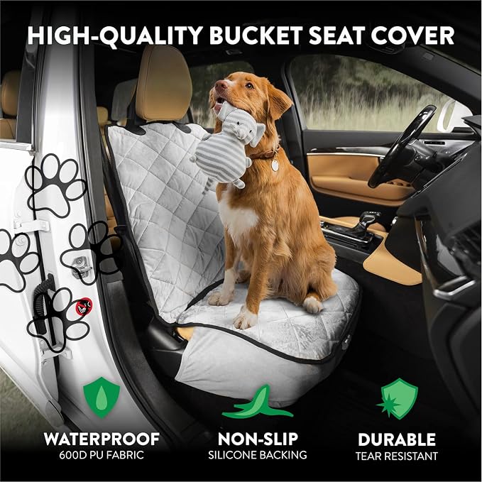 Plush Paws Products Premium Bucket Car Seat Protector | Diamond Stitching | Washable & Waterproof Front Seat Dog Cover Car, Truck, & SUV | Nonslip, Tear Resistant Pet Passenger Seat Cover | Grey - Image 2