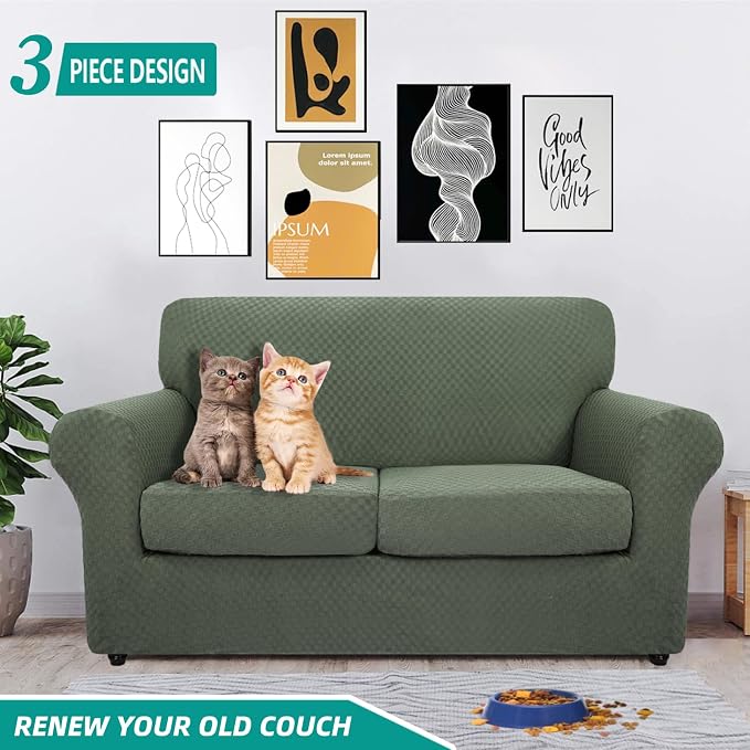 YEMYHOM Latest Checkered 3 Pieces Couch Covers for 2 Cushion Couch High Stretch Thickened Love Seat Sofa Cover for Dogs Pets Elastic Loveseat Slipcover Protector (Army Green), 55"-69"(2 Cushions) - Image 2