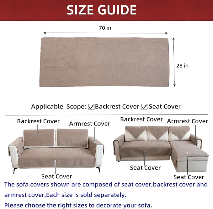 Couch Cover Sectional Couch Covers Non Slip Sofa Covers Washable for 3 Cushion Couch L Shaped Couch Protector Sofa Slipcovers for Kids Dogs Pets,Chenille,Camel,28''x70''(Only 1 Piece) - Image 3