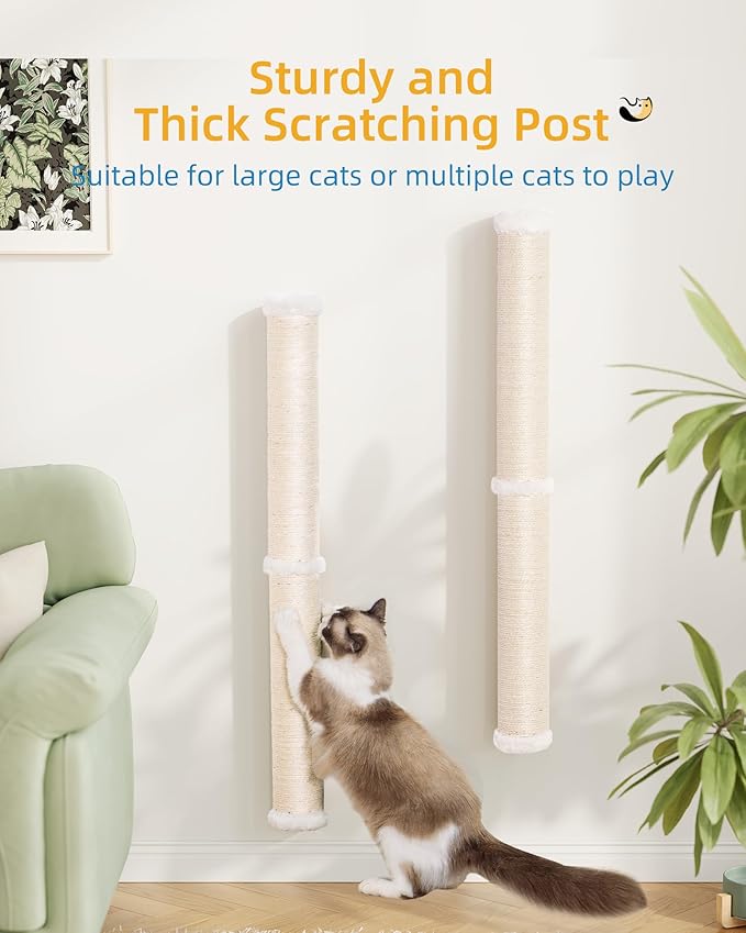 Aechonow 68" Wall Mounted Cat Scratcher,2Pcs of 34in Sisal Scratching Post | Cat Wall Climber, Cat Wall Scratcher, Cat Wall Furniture for Indoor Cats, Natural Sisal, Tall & Sturdy, Rabbit Velvet - Image 4