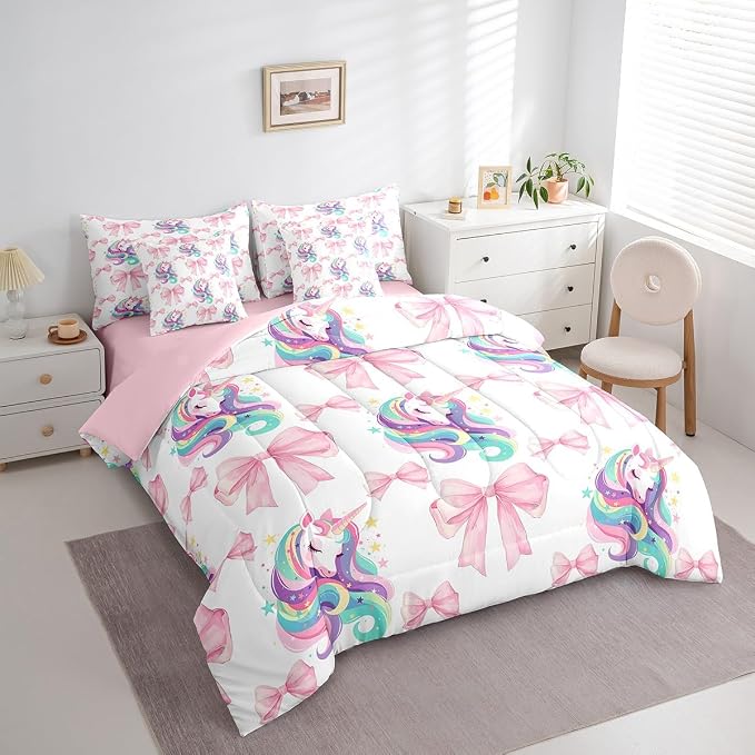 Erosebridal 7 Piece Girls Pink Bowknot Queen Bedding Set,Kawaii Rainbow Unicorn Kids Comforter Set for Teens,Dreamy Princess Style Quilt,Girly Unicorn Bow Tie Sheet Set with Comforter - Image 3