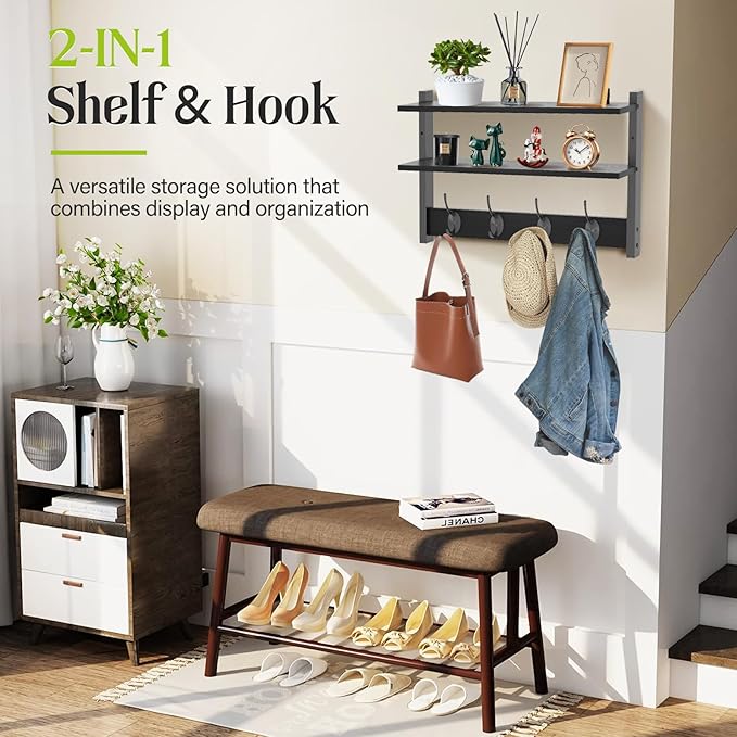 Two-Tier Wall Shelf with Hooks, 17" Coat Rack Wall Mount with Shelf, Entryway Key Hooks for Wall with Heavy Duty Double Hooks, Coat Hook Wall Mounted for Bedroom, Living Room, Black - Image 5