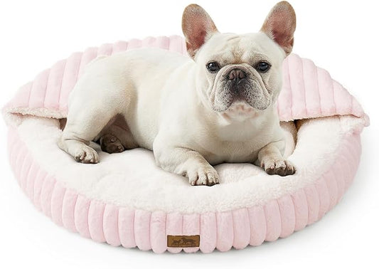 Small Dog Bed with Hooded Blanket, Round Fluffy Anti-Anxiety Pet Bed for Small Dogs & Medium Dogs, Cozy Donut Cuddler with Machine Washable Faux Fur & Anti-Slip Bottom(26"×26"×7",Pink) by COZYKISS