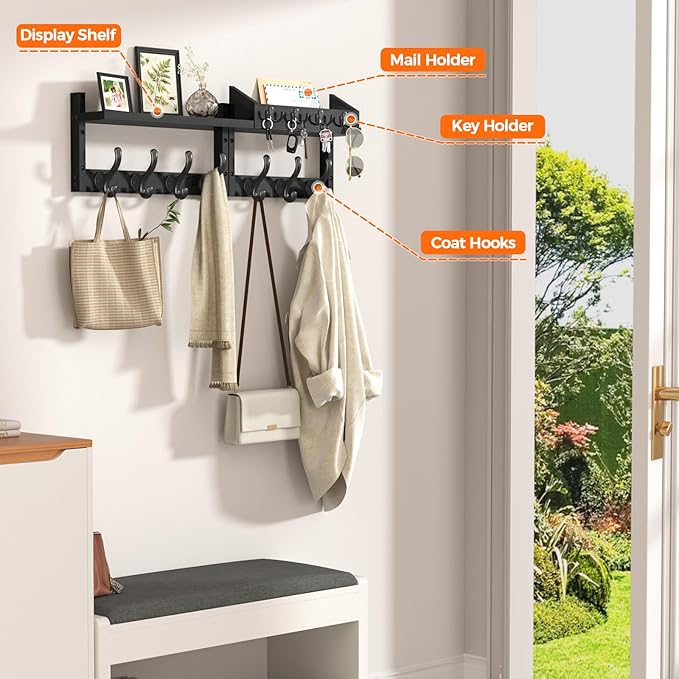 Evermagin 29" Coat Rack Wall Mount with Shelf & 11 Hooks, Entryway, Black | 4-in-1: coat hooks, key hanger, mail holder & display shelf. Pine wood. For bedroom, hallway, mudroom, livingroom - Image 4