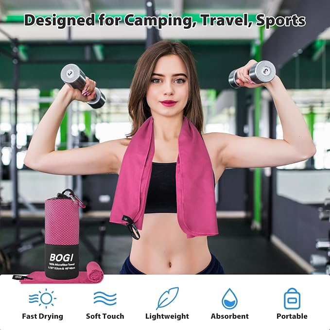 BOGI Microfiber Travel Sports Towel-Quick Dry Towel, Soft Lightweight Microfiber Camping Towel Absorbent Compact Travel Towel for Camping Gym Yoga Swimming Backpacking (L:60''x30''+16''x16''-Hpink) - Image 6