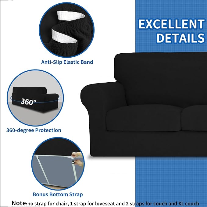 MAXIJIN 3 Piece Couch Covers for 2 Cushion Couch loveseat Cover, Stretch Love Seat Sofa Slipcovers for Dogs Pet, Thick Furniture Protector with 2 Seat Cushion (55"-69", Black) - Image 4