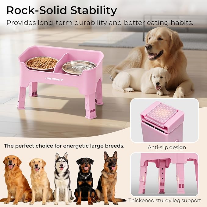 URPOWER Mess Proof Elevated Dog Bowls, Splash Guard Raised Bowl Stand | 4 Height Adjustable Raised Stand with 2 Stainless Steel Food Bowls & Licking Plate for Small, Medium & Large Dogs - Image 7
