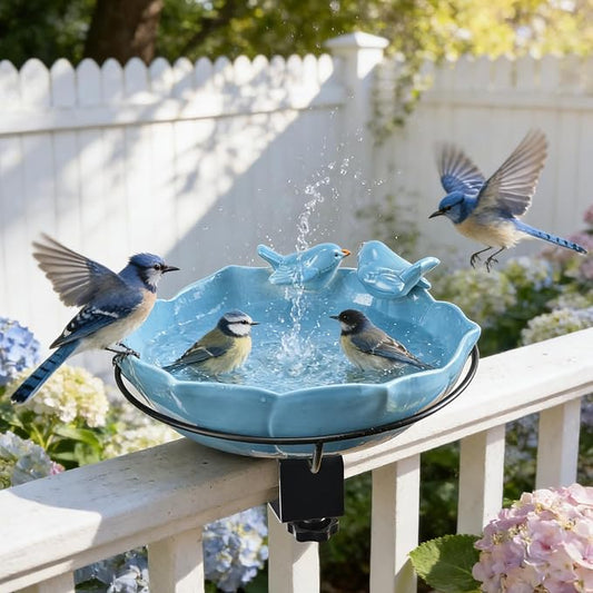 Glazed Ceramic Bird Bath for Deck Railing, 11 Inch Outdoor Deck Mounted Bird Baths Feeder Bowl with Adjustable Clamp, Easy Install Balcony Patio Birdbath for Outside Backyard Decoration, Blue by inanil