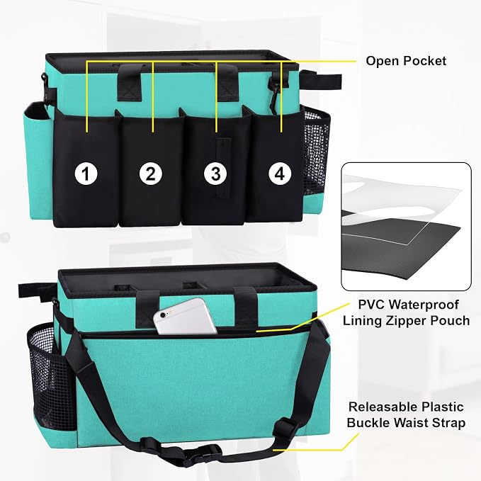 Wearable Large Cleaning Caddy Bag for Housekeeper, Clean Supply Organizer with Adjustable Shoulder, Waist & Handle Straps, Detailing Bag for Kitchen Supplies (Lakeblue) - Image 3