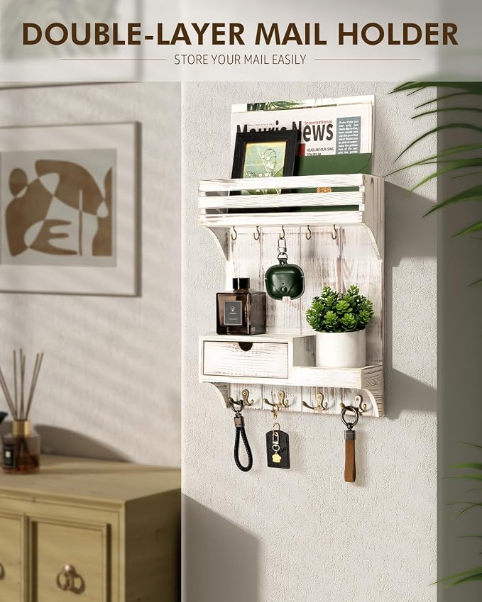 Rebee Vision Key Holder Wall Mount with Drawer for Home Decor, Whitewash | Sturdy Wood, Key Holder for Wall, 6 Rustic Hooks, Floating Shelf, Drawer Organizer, Mail Organizer, Chic Home Decor, Storage - Image 2