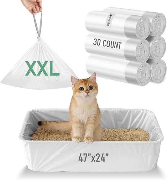 ZOMISIA Super Jumbo Litter Box Liner XXL - 30 Count 47" x 24" Litter Bags | Cat Litter Pan Liners with Drawstring, Extra Thick, Tear Resistant Heavy Duty, Easy Clean up for Litter Tray, Unscented by Zomisia