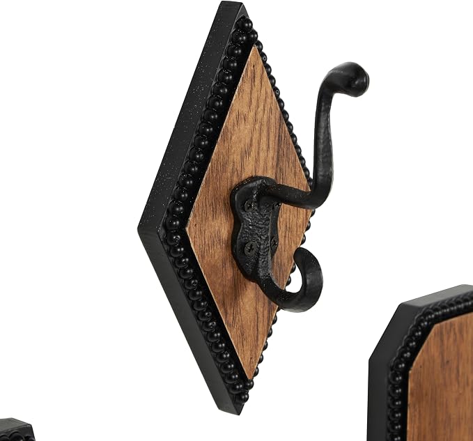 Deco 79 Wooden Home Wall Hook Vintage Inspired Coat Hooks with Black Beaded Frames and Varying Geometric Shapes, Set of 4 Hooks 4'W, 7'H, Brown - Image 4