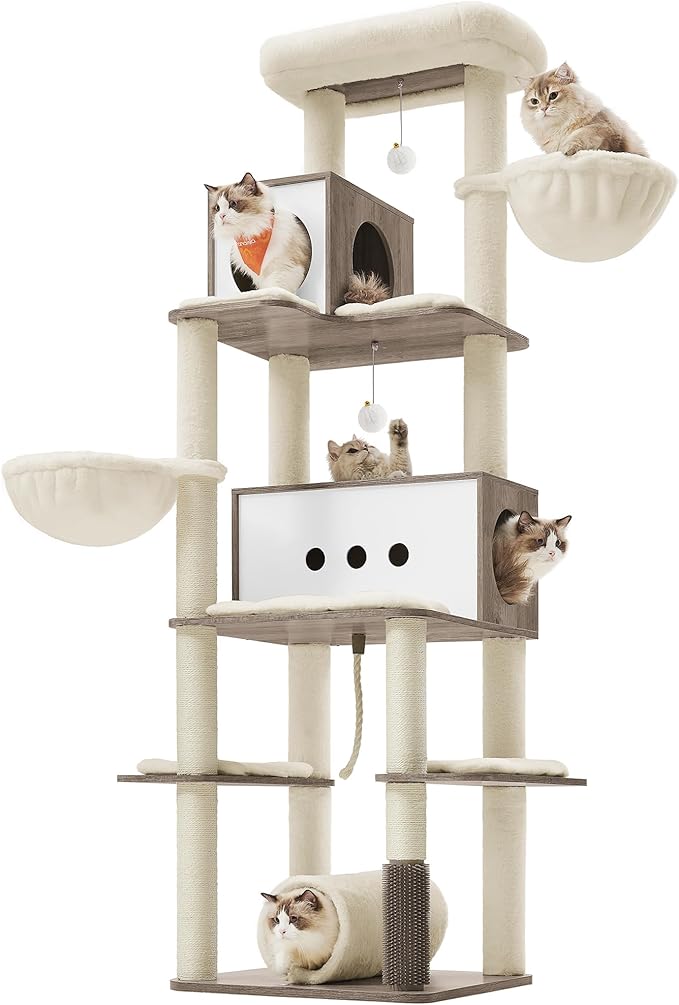 Feandrea Cat Tree, 75.6-Inch Modern Cat Tower, Tall Multi-Level Condo with 2 Caves, 2 Hammocks, 4 Scratching Posts, Self-Groomer, Tunnel, Perch, Heather Greige UPCT193G01