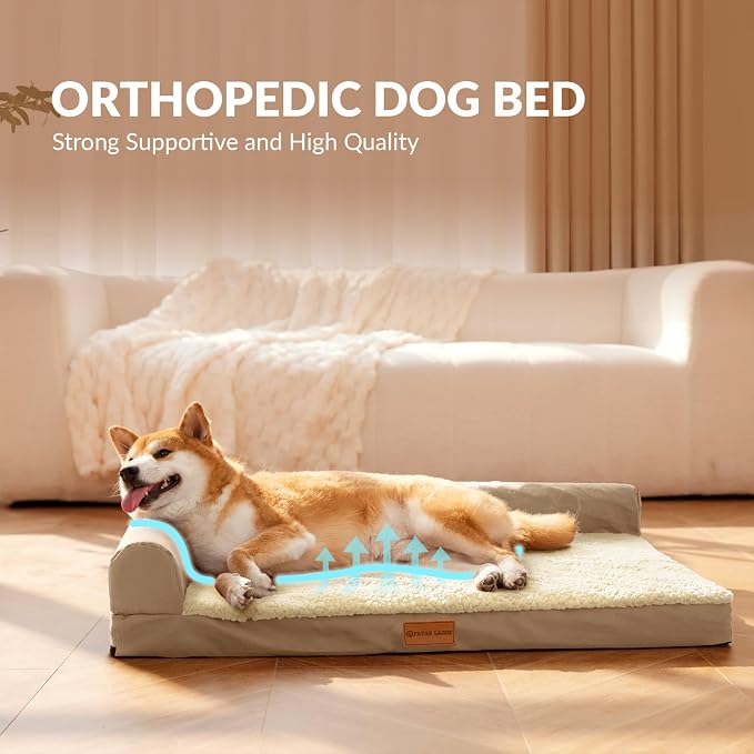 Patas Lague Orthopedic Large Dog Bed Pet Sofa Beds 36''X24'' Beige | L Bolster Egg-Crate Foam Dog Couch For Large Sized Dogs, Waterproof Removable Washable Cover, Pet Mat with Nonskid Bottom - Image 3