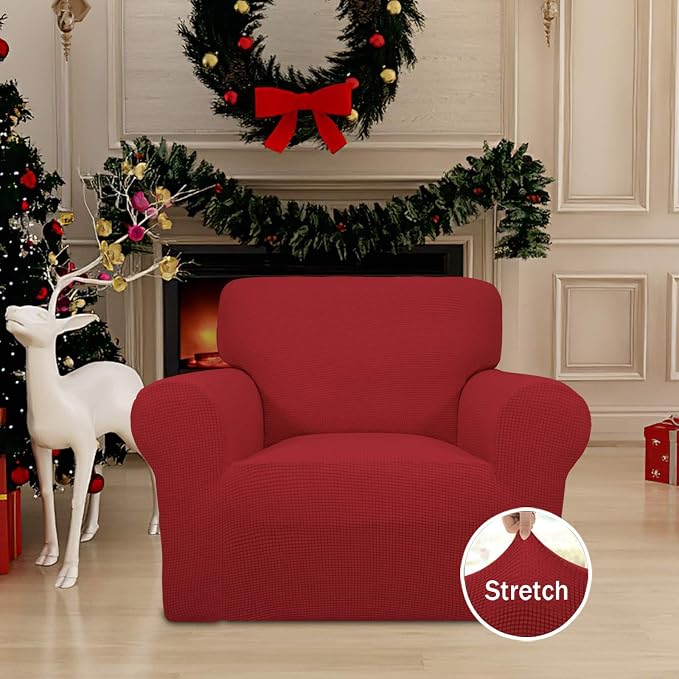 Easy-Going Stretch Chair Slipcover with Arm Washable Christmas Red | 1-Piece Couch Sofa Cover Furniture Protector for Living Room Soft with Bottom For Kids, Pet. Spandex Jacquard - Image 2