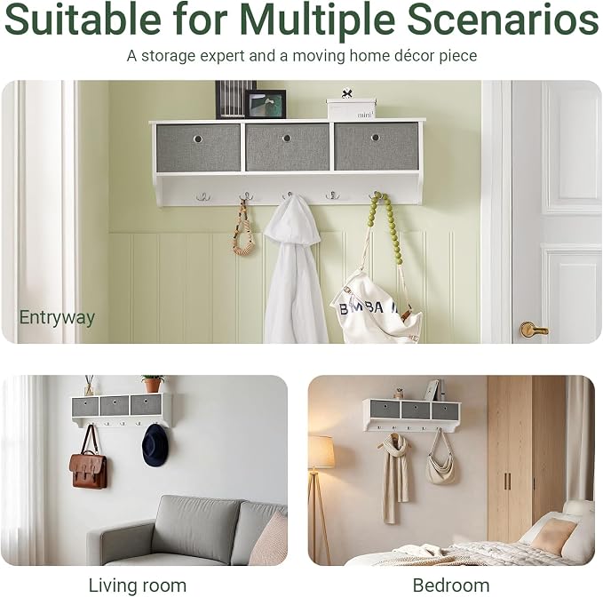 Haotian SoBuy Wall Shelf with Hooks, Coat Rack Wall Mounted with Shelf | Wall Cubby Storage Organizer with 3 open wall cubbies and 5 sturdy hooks, White, FRG282-W - Image 5