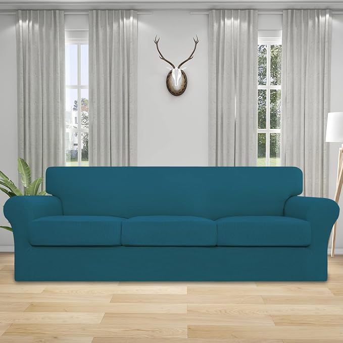 Easy-Going 4 Pieces Stretch Couch Cover Oversized Sofa Cover for Dogs Washable Sofa Slipcover for 3 Separate Cushion Couch Elastic Furniture Protector for Pets, Kids (Peacock Blue, Oversized Sofa) - Image 2